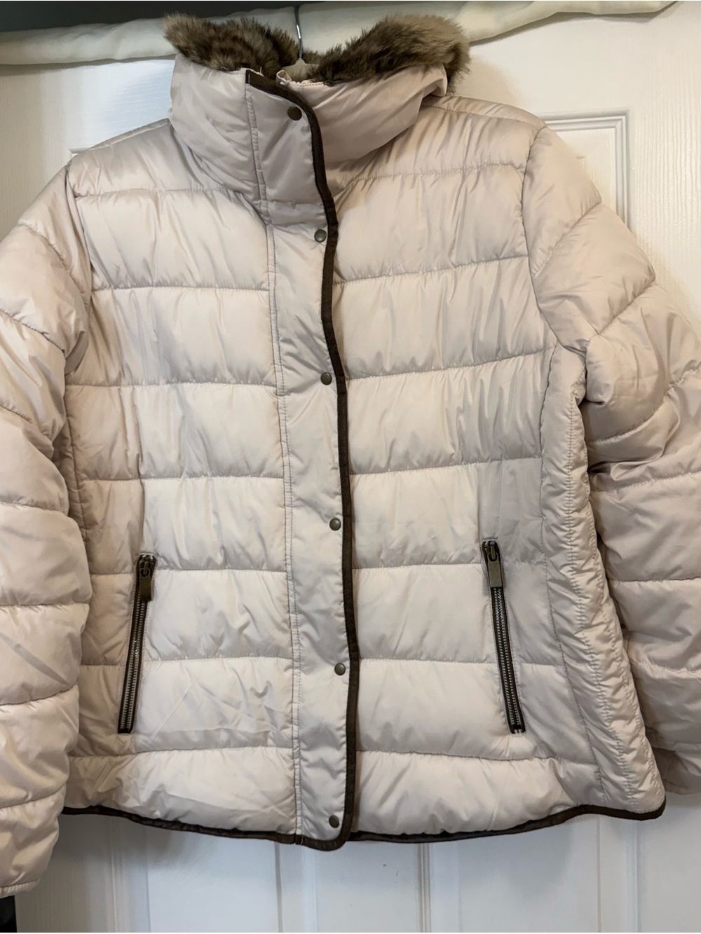 Old Navy Light Beige Hooded Puffer Jacket with Faux Fur Trim